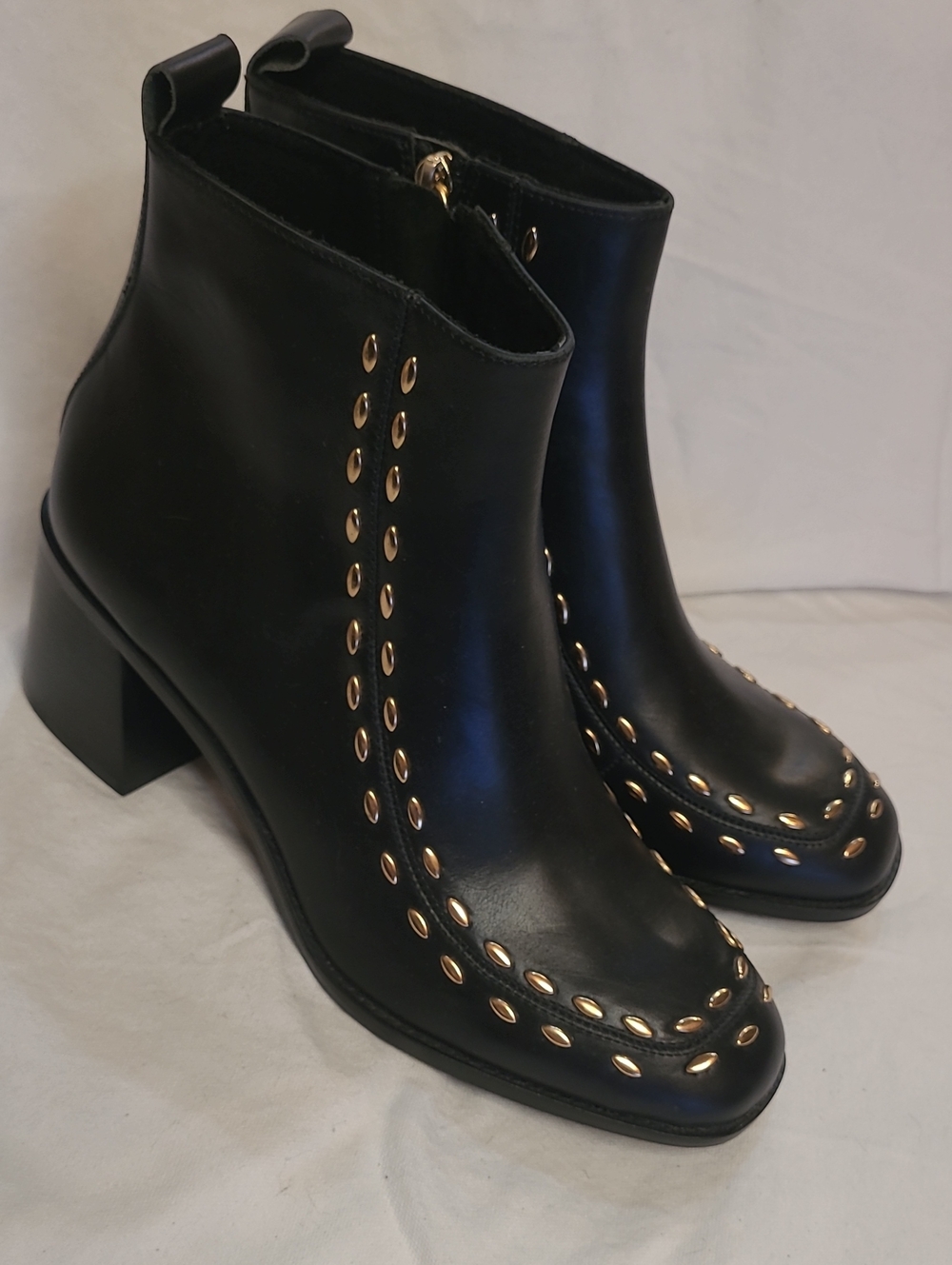 Kelsi Dagger Black Leather Ankle Boots with Gold Stud Trim Size 9.5